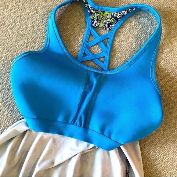 Athleta Blue Green Paisley Drawstring Racerback Swim Top - Picture 10 of 13